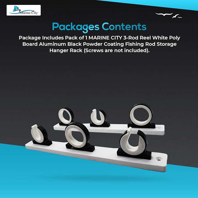 MARINE CITY 3-Rod Reel Fishing Rod Storage Hanger Rack with White Poly Board – Aluminum Black Powder Coating, Ideal for Marines, Boats, Vans, and Cars (Pack of 1)