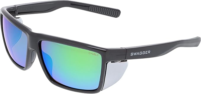 MCR Safety SR22BGZDC Swagger SR2 Series Safety Glasses with Thermo Plastic Rubber Nose Pads and Detachable Side Shields, Charcoal Frame, Green Mirror Polarized Anti-fog Lens