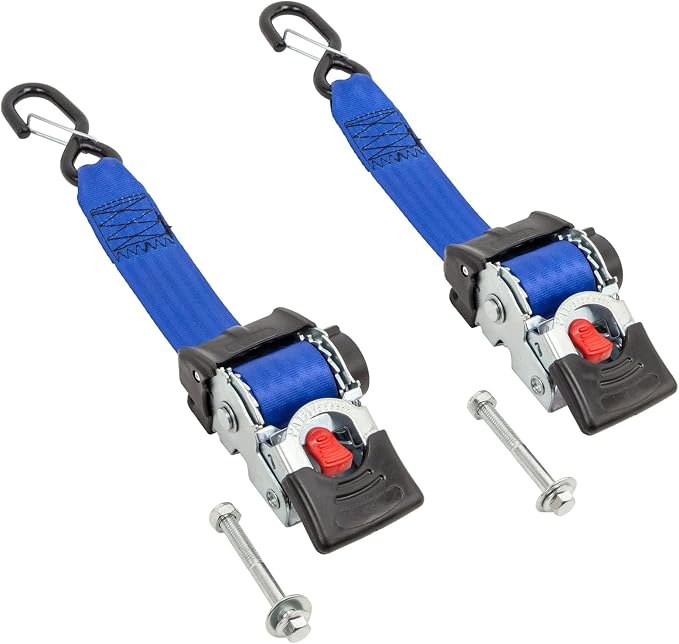 PowerTye - 2 inch x 6ft Long Retractable Ratchet Tie Down Strap with Mounting Bolt and Latch-Hook, Self-Retracting Ratchet, 800 lb W.L.L., Ideal for Motorcycle, ATV, Cargo, Boats, Black (Pair)