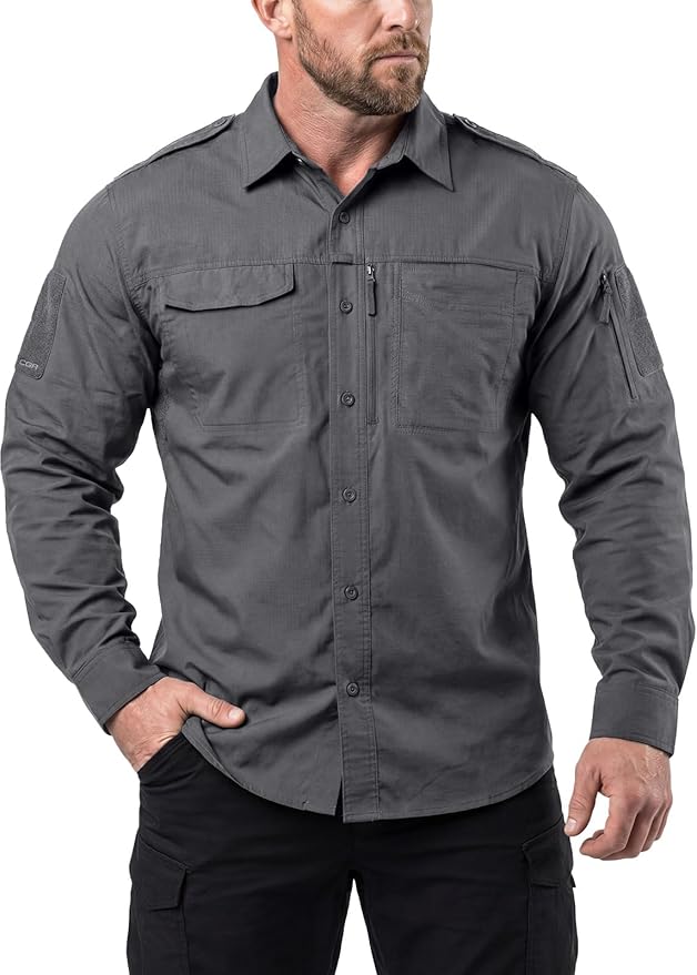 CQR Men's Long Sleeve Tactical Shirts, Ripstop Military Work Shirts, UPF 50+ Breathable Button Down Outdoor Hiking Shirt
