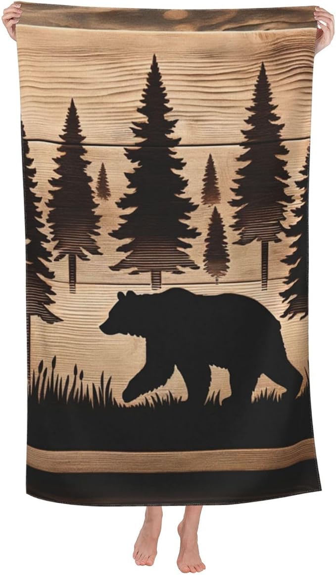 Rustic Bear Beach Towel, 32x52in Microfiber Quick Dry Gold Pine Forest Woodcut Silhouette Nature Bath Towels, Soft Lightweight Oversized Sand Free, for Travel Pool Swimming Gym Decor, Gifts