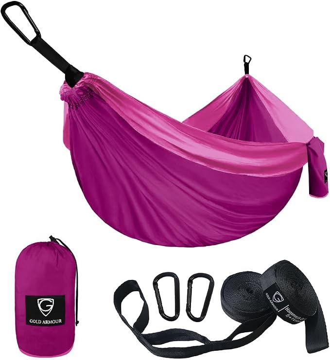 Gold Armour Camping Hammock - Portable Hammock Single Hammock Camping Accessories Gear for Outdoor Indoor Adult Kids, USA Based Brand (Fuchsia & Pink)