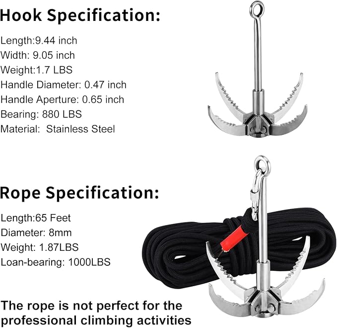 Ant Mag Grappling Hook Stainless Steel Claw Carabiner for Camping Hiking Tree Grabbing and Water Lifting Salvage