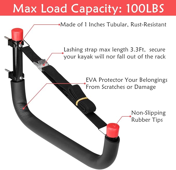 Heavy Duty Garage Storage Hooks, Wall Mount Kayak Storage Racks, Hangers with Lashing Straps, Holds Up to 100lbs