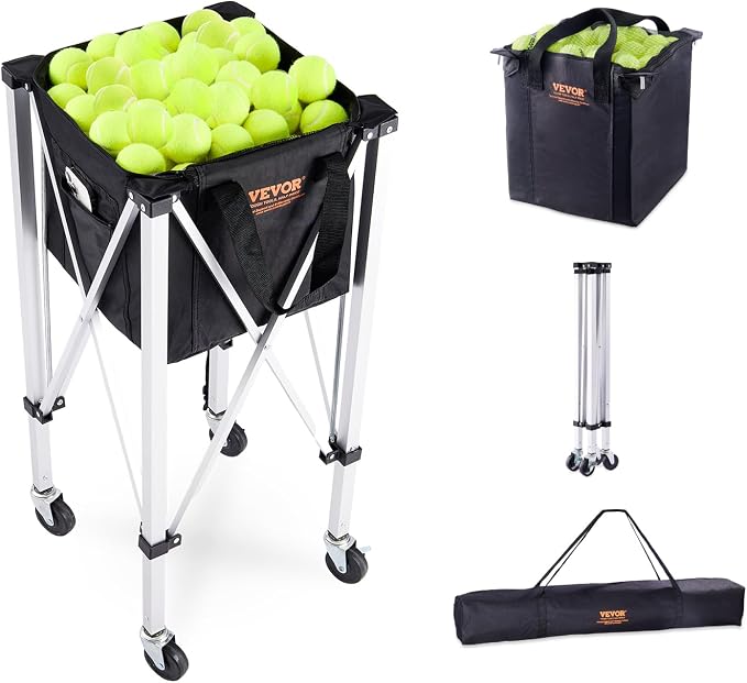 VEVORFoldable Tennis Ball Hopper, Holds 150-180 Tennis Balls, Lightweight Aluminum Alloy Tennis Ball Basket Cart with Wheels for Tennis Player