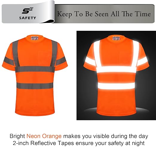 sesafety High Visibility Shirts for Men Class 3 Hi Vis Reflective Construction Shirts for Men with Pocket Safety T Shirt for Mens Work Shirt for Mens Short Sleeve