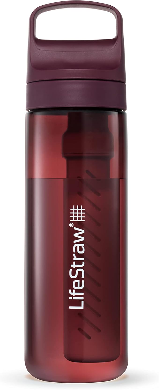 LifeStraw Go Series — BPA-Free Water Filter Bottle for Travel and Everyday Use Removes Bacteria, Parasites and Microplastics, Improves Taste, 22 oz, Merlot Me Away