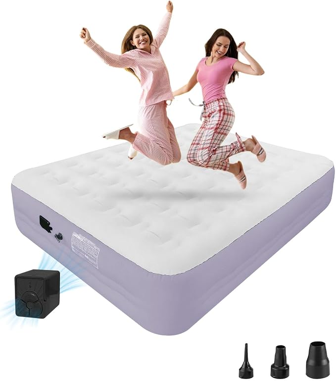 Queen Size Air Mattress with Built in Pump, 18'' Raised Blow Up Bed Inflatable Mattress for Camping & Travel, 3-Minute Quick Inflation/Deflation,Thick Velvet Texture Waterproof,18'' Purple