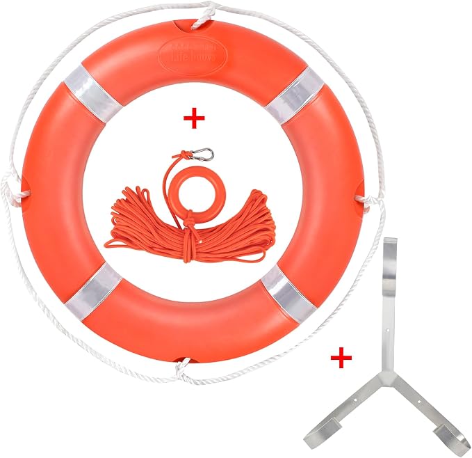 Life Preserver Ring 23"/28", Boat Safety Throw Rings with Bracket, Orange Buoy with Rope 98.5 FT and Reflective Tape for Boat
