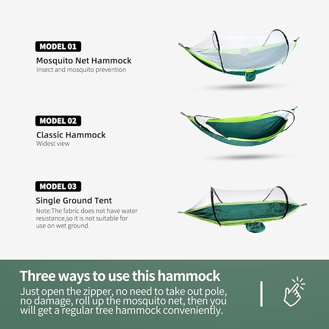 Hammock with Mosquito Net - Lightweight, Portable, 1 Person Hammock - for Camping, Hiking, Backpacking, Travel, a Festival, or The Beach (Dark Green)