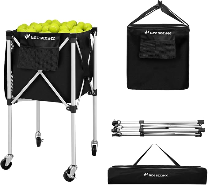 Sturdy Pickleball Tennis Ball Hopper - Foldable Lightweight Tennis Cart Holds 240 Tennis/180 Pickleballs with Removable Bag, Wheels, Side Pocket for Training/Teaching