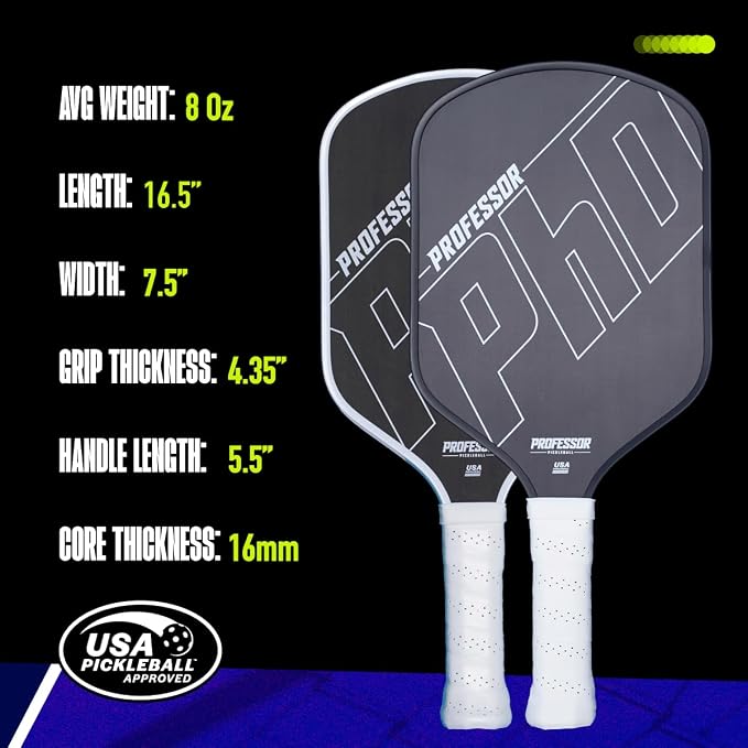 Professor PhD Raw Carbon Fiber Premium Pickleball Paddle Racket - USA Pickleball Approved - Honeycomb Core - Power & Control