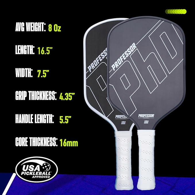 Professor PhD Raw Carbon Fiber Premium Pickleball Paddle Racket - USA Pickleball Approved - Honeycomb Core - Power & Control