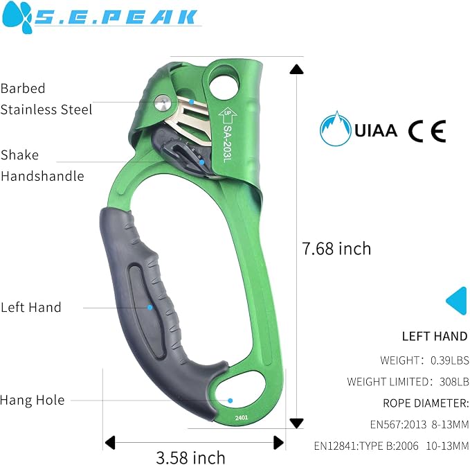 UIAA & CE Certified Climbing Rappelling Equip Hand Ascender Left Right Hand for 8-13mm Rope 4kN