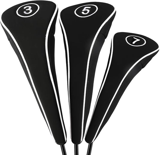 Golf Club Head Covers with Zipper - Balck Golf Club Covers for Woods and Driver Fairway Hybrids, Golf Accessories Headcovers Set