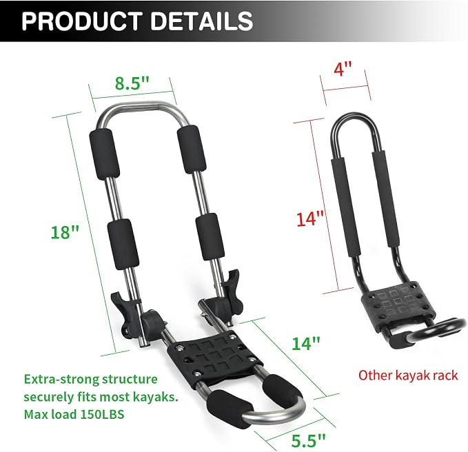Leader Accessories Stainless Steel Folding Kayak Rack 4 PCS/Set J Bar Car Roof Rack for Canoe Surf Board SUP On Roof Top Mount on SUV, Car and Truck Crossbar with 4 pcs Tie Down Straps