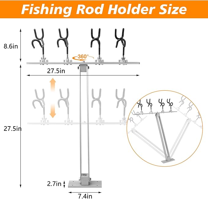 4 Head Fishing Rod Holder, 360° Adjustable Fishing Rod Holder Aluminum PVC Coated Boat Fishing Holder