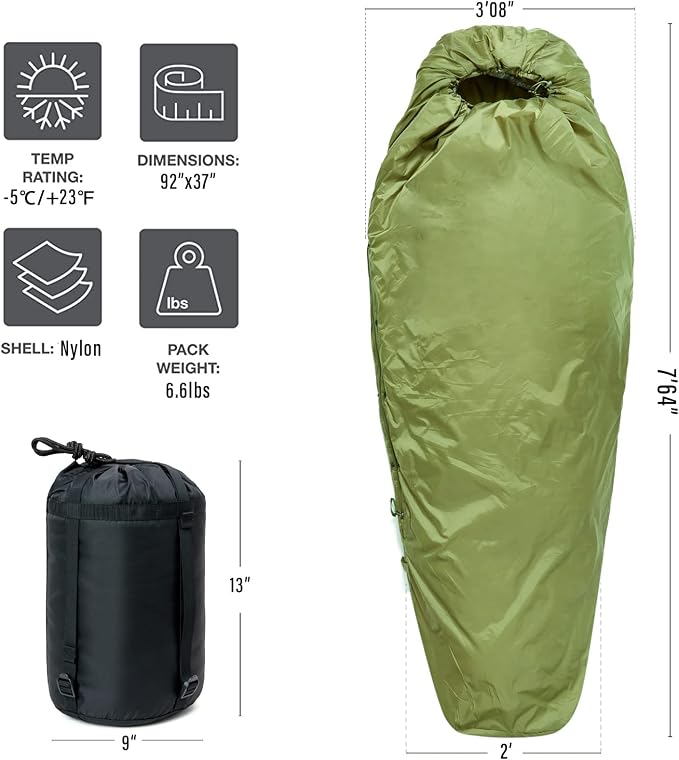 MT Military Patrol/Intermediate Sleeping Bag, Part of 4 Piece Army Modular Sleep System for All Season Olive Drab/Black