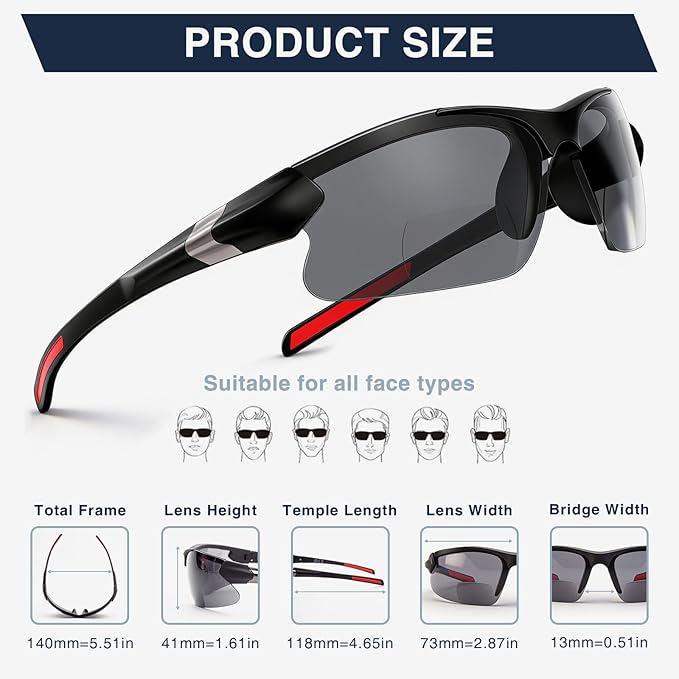 DEHOTRE 2 Pack Bifocal Reading Sunglasses Men TR90 Frame Wrap Around Sports Semi Rimless Sun Readers for Driving Golf Fishing