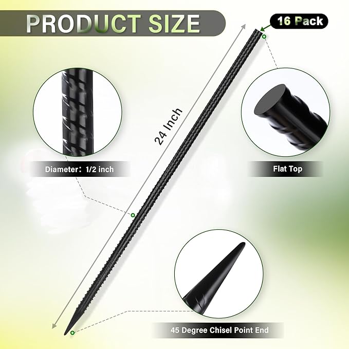 Gbekery 24 Inches Rebar Stakes(16pcs) Heavy Duty Straight Metal Ground Anchors with Chisel Point Ends for Timber,Concrete,Plant Support,Camping Tents,1/2 Inch Thickness Garden Stakes,Black