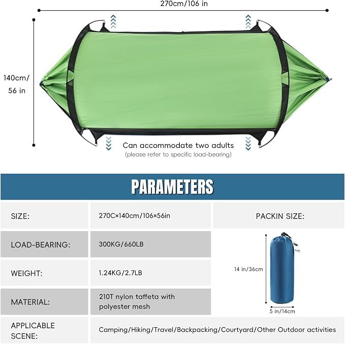 Professional Camping Hammock with Mosquito Net, Lightweight Portable Double, with Two 10 FT Hammock Tree Straps, 210T Nylon,Rain and Sun Protection,Hammock for Camping, Hiking, Yard, Backpacking