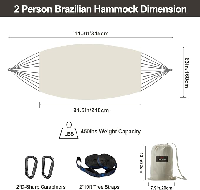 CHULIM Brazilian Double Hammock with Tree Straps,Extra Large 240x160cm,2 Persons Hammock for Backyard Patio Outdoor and Indoor,450lbs Weight Capacity,Soft Woven Cotton Fabric Natrual White