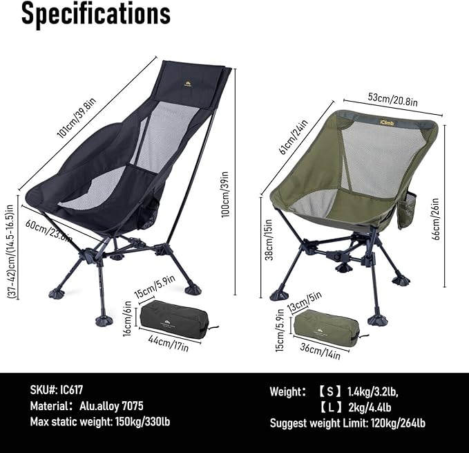 iClimb Ultralight Compact Camping Folding Beach Chair with Anti-Sinking Large Feet (Green - Triangular Frame High Back)