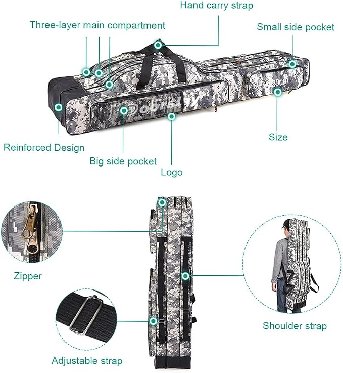 doorlay Fishing Bag Portable Folding Fishing Tackle Storage Bags Oxford Fishing Rod Case Fishing Pole Bag Carry Organizer Outdoor Waterproof for Fishing Camping Hiking Traveling