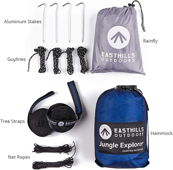 Easthills Outdoors Jungle Explorer 118" x 79" Double Camping Hammock Lightweight Rip-Stop Parachute Nylon 2 Person Hammocks with Removable Bug Net, Tree Straps and Tarp Blue