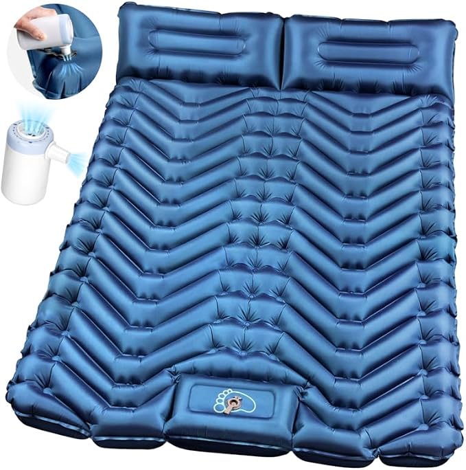 Double Sleeping Pad for Camping- 2 Person Camping Mattress with Pillow, Inflates in 60 Seconds Sleeping Pad with Pump-Electric/Foot Portable Air Pad for Backpacking, Hiking, Tent, Car Travel, Beach