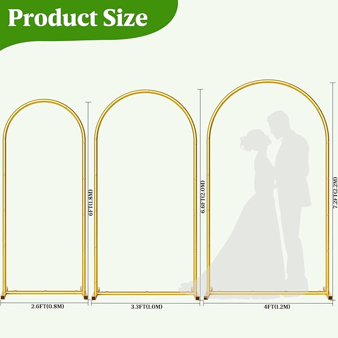 Metal Arch Backdrop Stand Wedding Arch Frame Set of 3 (7.2FT/6.6FT/6FT) Gold Backdrop Arch Stand for Wedding Ceremony Birthday Party Baby Shower Graduation Ceremony Decoration