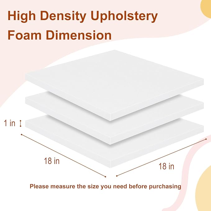 High Density Upholstery Foam 1" X 18" X 18", 3PCS Couch Cushion Replacement - 45D Density 70 ILD (Firm), Square Foam Padding for Chairs, Cut to Size Foam Replacement Cushion for Sofa Chair Bench