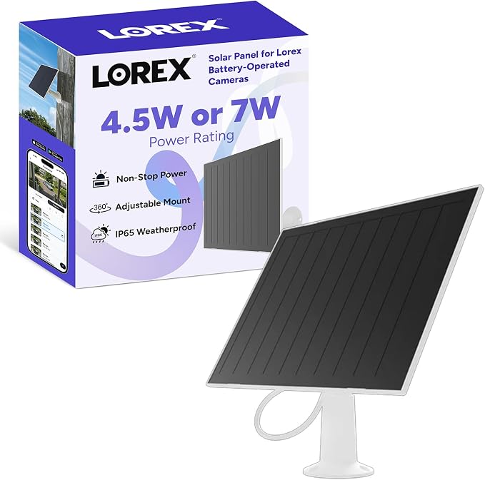 Lorex Solar Panel for Battery-Operated Cameras | 4.5 Watt | USB C and Micro-USB Adaptor | High-Efficiency | Non-Stop Power | Weatherproof | Flexible Setup