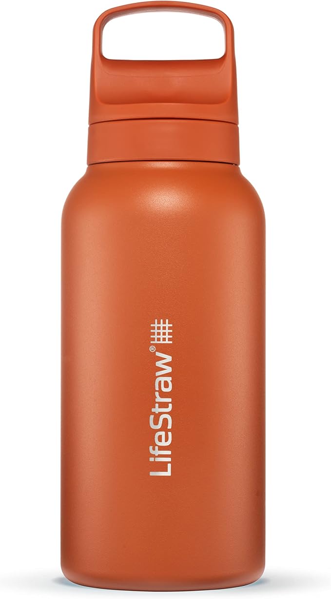 LifeStraw Go Series — Insulated Stainless Steel Water Filter Bottle for Travel and Everyday Use removes Bacteria, Parasites and Microplastics, Improves Taste, 1L, Kyoto Orange