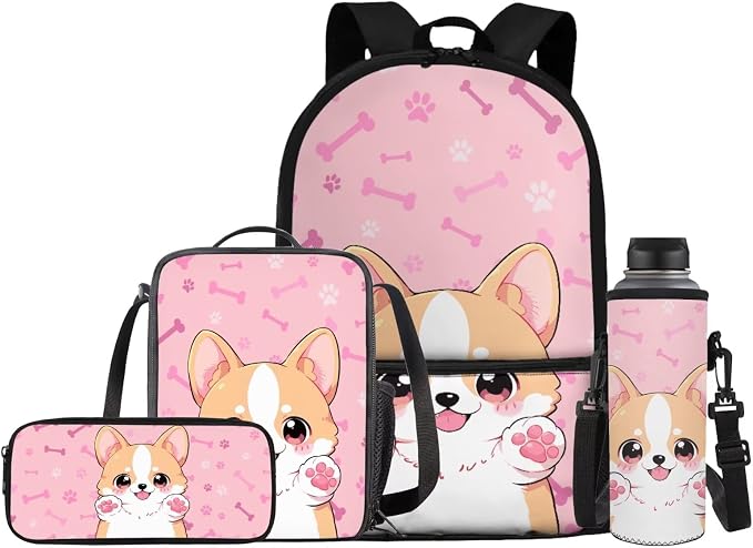 Kids School Bag Cute Corgi Dog Backpack for Girls Bookbag with Lunch Bag Pencil Case Water Bottle Holder 4PCS School Supplies Back to School Accessories