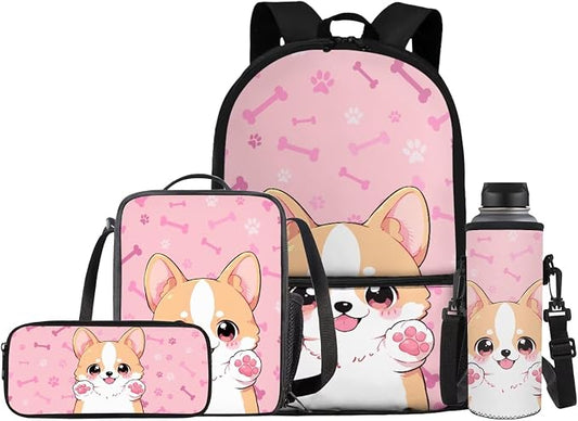 Kids School Bag Cute Corgi Dog Backpack for Girls Bookbag with Lunch Bag Pencil Case Water Bottle Holder 4PCS School Supplies Back to School Accessories