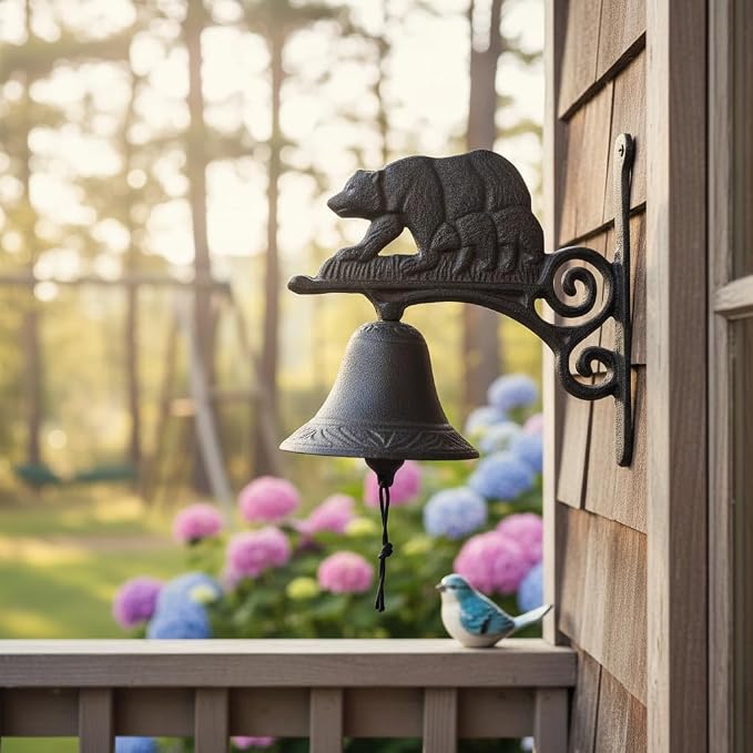 Comfy Hour 7.8" Heavy Duty Cast Iron Bear Dinner Bell, Loud Resonant Wall Mounted Outdoor Doorbell for Farmhouse, Garden & Cabin, Decorative Wildlife Metal Bell for Porch, Antique Black Finish