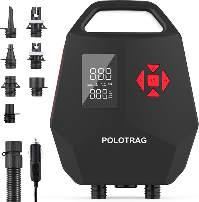 Polotrag Paddle Board Pump, SUP Pump Electric Portable with Auto-Off/Deflation, Dual Stage 12V DC Car Connector Air Pump for Inflatables, Kayak and Air Mattress