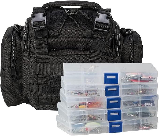 Dr.Fish Fishing Tackle Bag 5 Boxes with 60 Lures Included Loaded Stocked Tackle Box Set Spinner Lures Kit Freshwater Gear Equipment