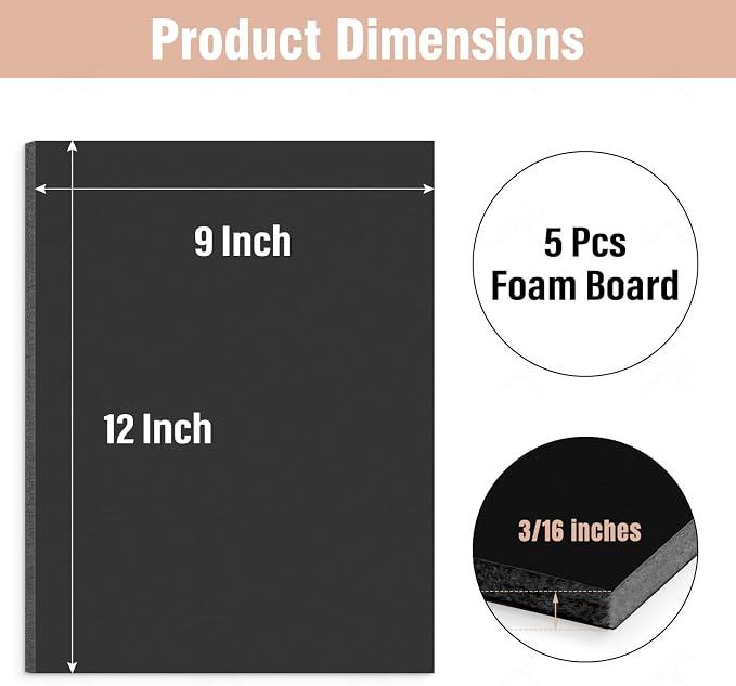 Golden State Art, Acid Free 5 Pack 9x12 Black Foam Boards Foam Core Poster Board, 3/16'' Thick Polystyrene Foam Sheet for Projects, Mounting, Crafts, Art and Presentations