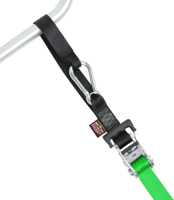 PowerTye 1.5 inch x 10ft Extra Long Ratchet Tie Down Straps, Heavy Duty with Carabiner Hooks, Soft-Tye & Bag, for Motorcycle, ATV & Cargo - 1,000 lb WLL - Made in USA - Green/Black Pair