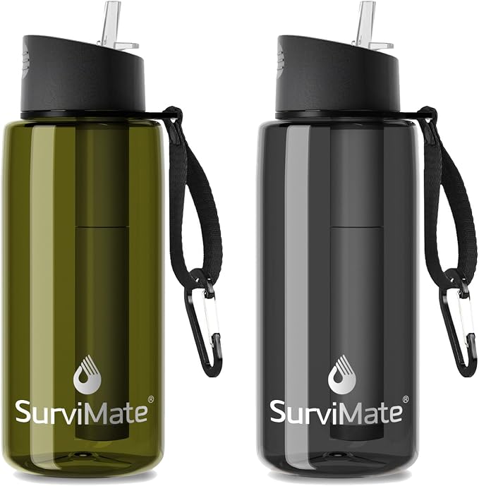 SurviMate Purified Water Bottle for Camping, Hiking, Backpacking and Travel, BPA Free with 5-Stage Intergrated Filter Straw