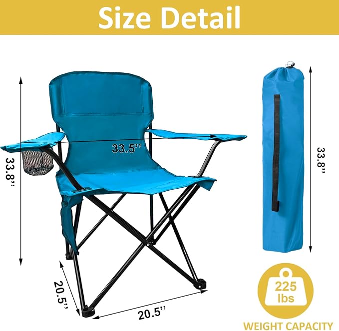 Folding Camping Chair with Cup Holder & Storage Bag, 225lbs Capacity, Large Anti-Sink Feet, Breathable PE Coated Fabric for Outdoor, Hiking, Beach, Fishing, Backpacking, Blue
