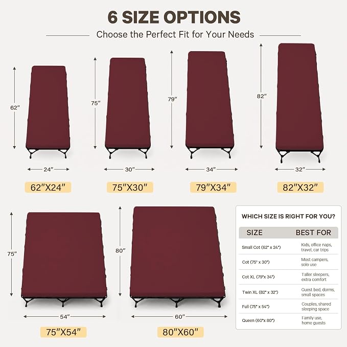 CYMULA Camping Cot Pad 2 Inch Memory Foam, Camping Pad for Folding Cot and Foldable Cot, Portable Roll Up Camp Gear for Car Camping Travel Tent, Non-Slip Waterproof Bottom, Removable Cover, Pad Only