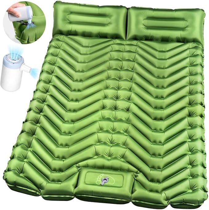 Double Sleeping Pad for Camping- 2 Person Camping Mattress with Pillow, Inflates in 60 Seconds Sleeping Pad with Pump-Electric/Foot Portable Air Pad for Backpacking, Hiking, Tent, Car Travel, Beach