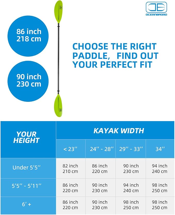 OCEANBROAD Carbon Fiber Kayak Paddle 90.5in/230cm, 86in/218cm for Adults Kayaking Boating Canoeing Oar with Paddle Leash