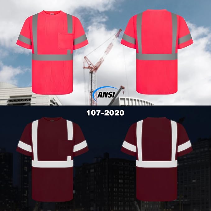 TCCFCCT High Visibility Work Shirts for Men, Class 2 Hi Vis, Short Sleeve, Safety, Durable & Breathable, DC-Pink