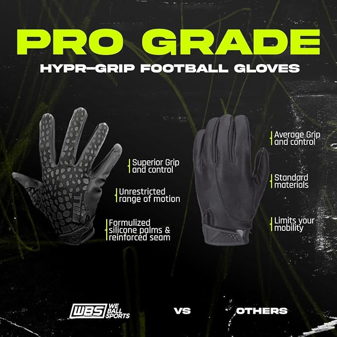 We Ball Sports Hypr-Grip Football Gloves, Men’s Sticky Silicone Palm Receiver Gloves