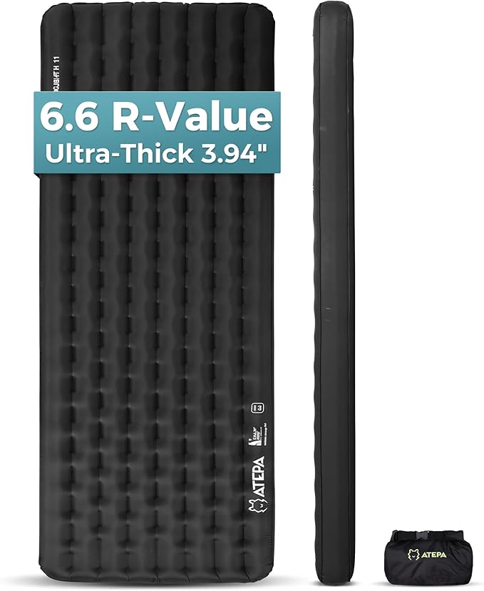 ATEPA ThermAir Pro Insulated Sleeping Pad for Backpacking, 6.6 R-Value 4” Thick Ultralight Quiet Camping Air Mattress with Pump Sack, Wide Long 77”x25”, 4-Season Sleeping Mat for Hiking Travel, Black