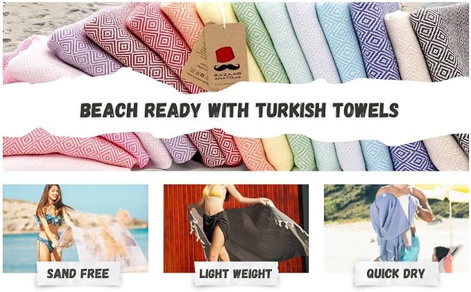 Bazaar Anatolia Turkish Beach Towel – 100% Cotton, Quick Dry, Lightweight and Sand Free – Perfect for Bathroom, Travel, Yoga, Camping, Oversized 71x39 inches - Diamond Black